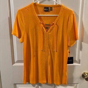 Rafaella Women's Lace-Up V-Neck Clementine Orange Short Sleeve Top - Large - NWT